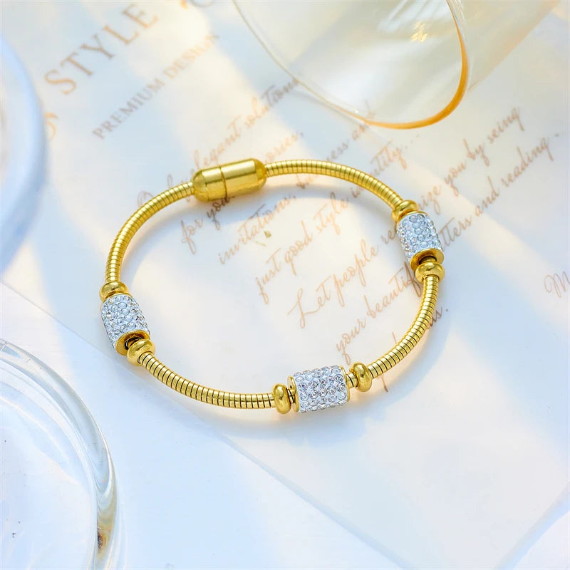 Gold Color Zirconia Beaded Bracelet for Women - Stainless Steel Snake Chain Jewelry