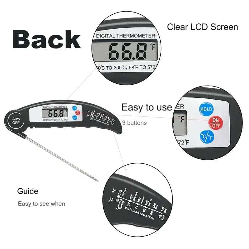 Digital Food Thermometer with LCD Display, Foldable Probe for Grilling & Cooking