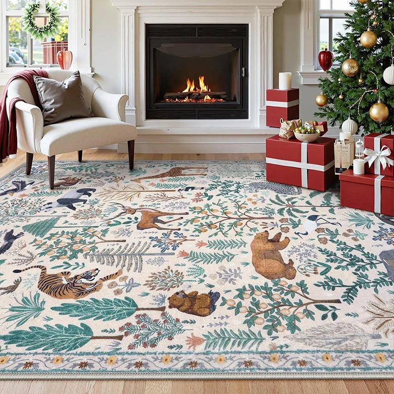 Large Non-slip Machine Washable Living Room Carpet - Soft & Comfortable Floor Mat - Green Animal & Plant Print