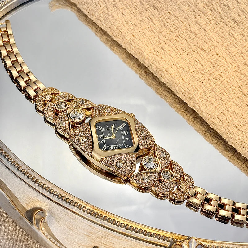 Vintage Diamond-Embellished Women's Watch with Diamond-Shaped Face & Gold Bracelet