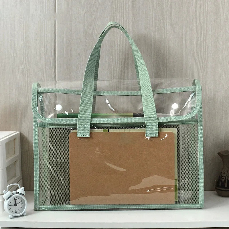 Clear Green PVC Tote Bag with Multiple Pockets for School & Office Storage