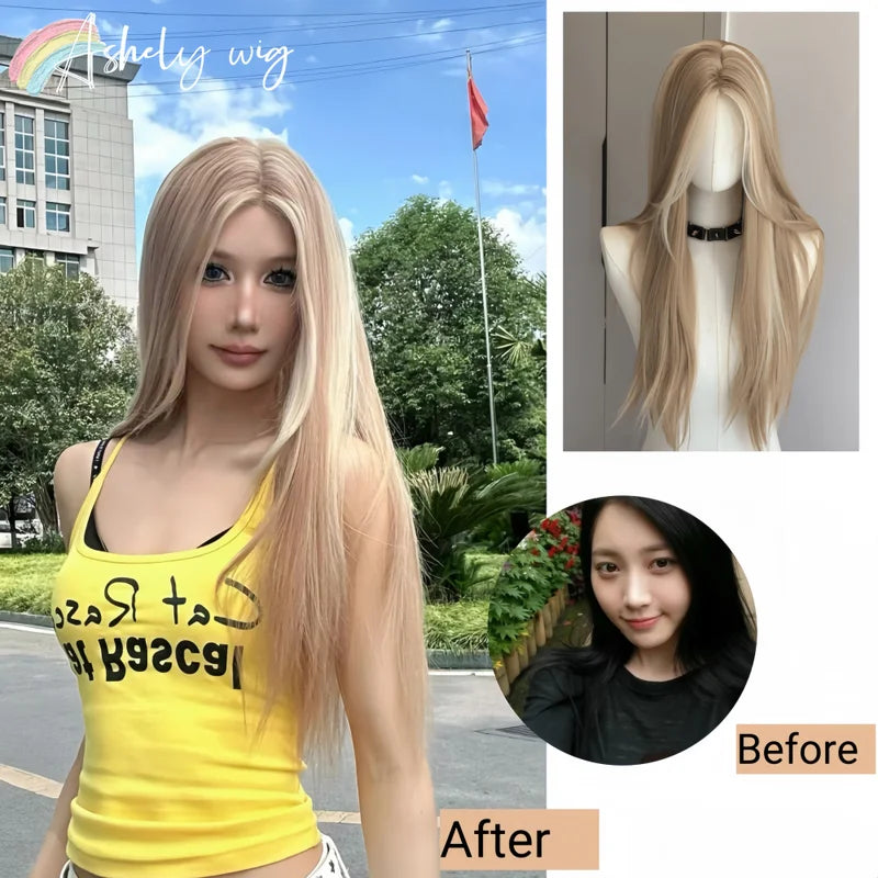 Long Straight Blonde Wig for Women - Lace Front Synthetic Cosplay & Daily Use