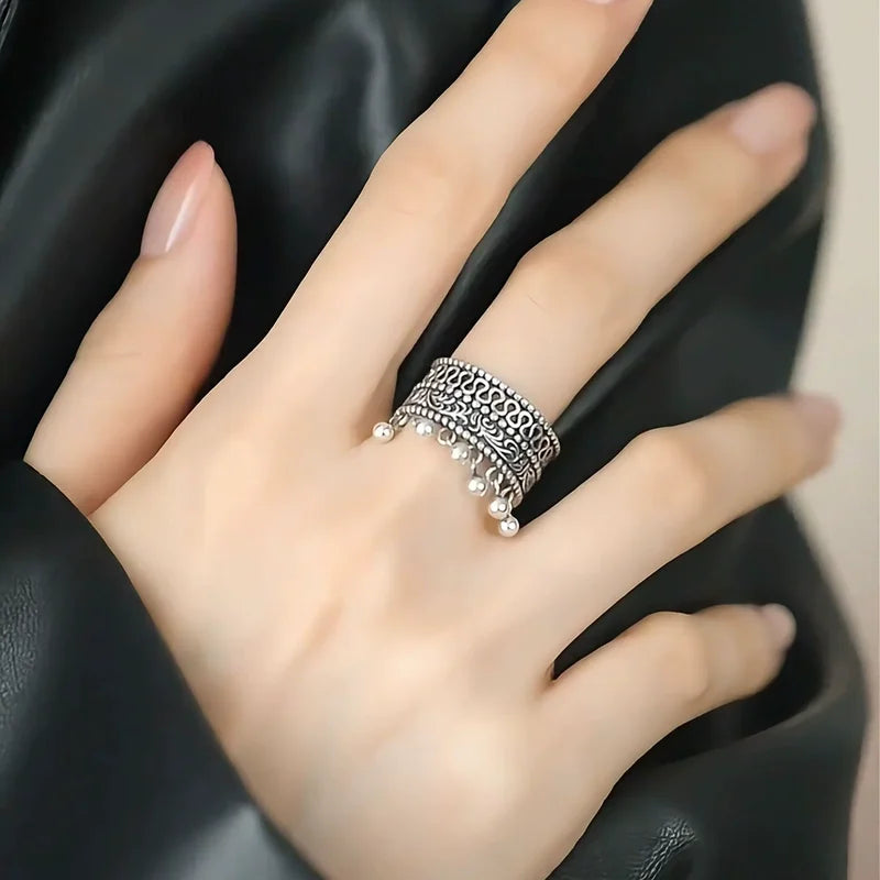 Vintage Thai Silver Beaded Adjustable Finger Ring for Women Jewelry Gift