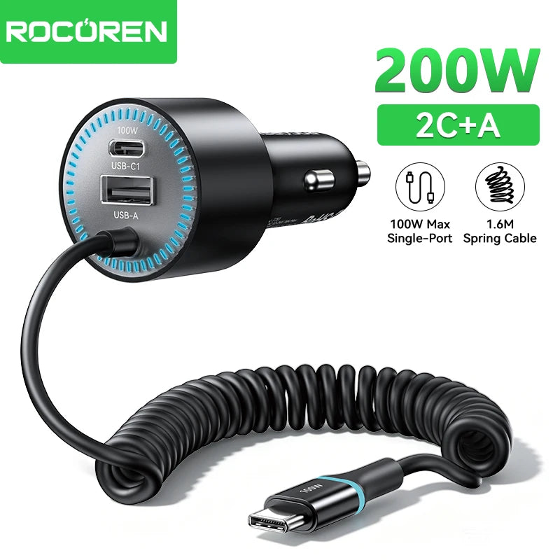 200W Car Charger Fast Charging PD 100W USB-C Power Adapter with Spring Cable