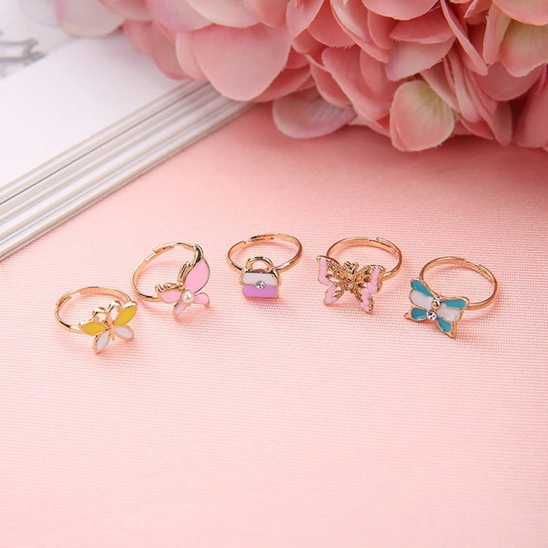 Kids Adjustable Animal Jewelry Rings Set - Cartoon Crystal Open Finger Rings for Children & Girls