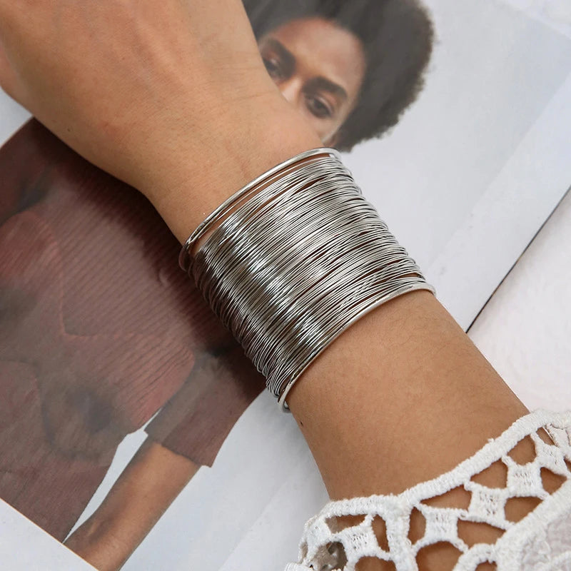 Vintage Punk Wide Wire Cuff Bangle Bracelets for Women Exaggerated Metal Jewelry