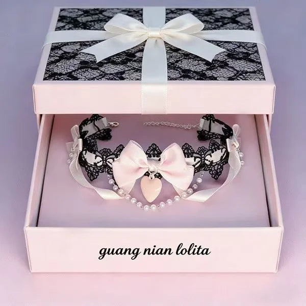 Sweet Lolita Pearl Lace Necklace with Bowknot Charm for Women and Girls - Romantic Cute Jewelry