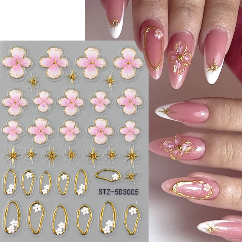 5D Floral Embossed Nail Stickers with Hibiscus Flowers & Star Frames for Spring & Summer Nail Art