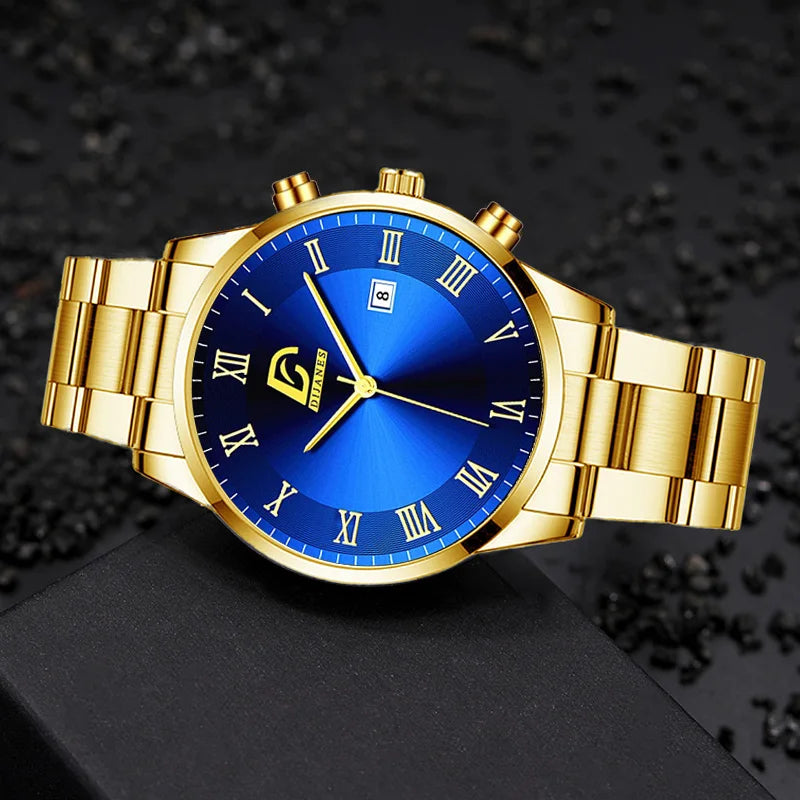 Men's Gold Watch Minimalist Quartz Calendar Wristwatch Business Casual