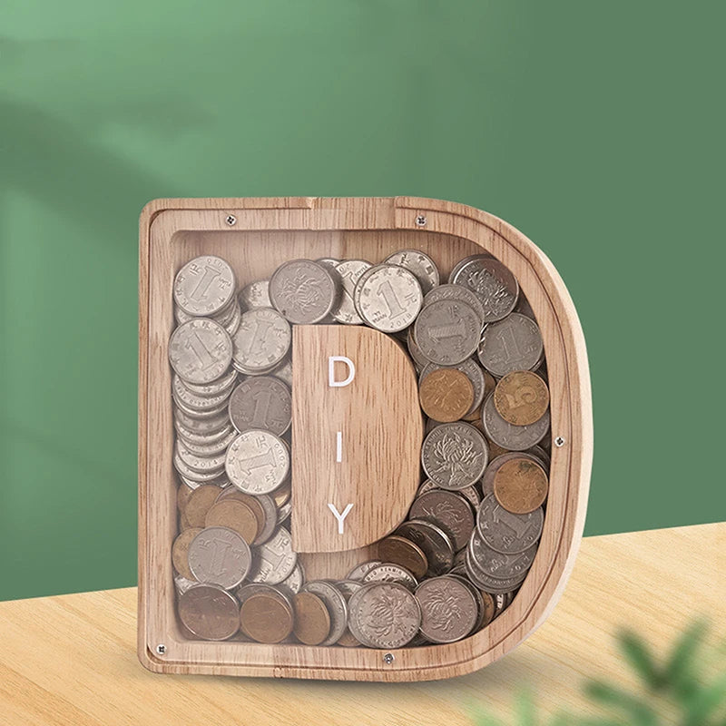 Alphabet Moneybox Coin Bank Wooden Piggy Bank for Kids and Home Decor