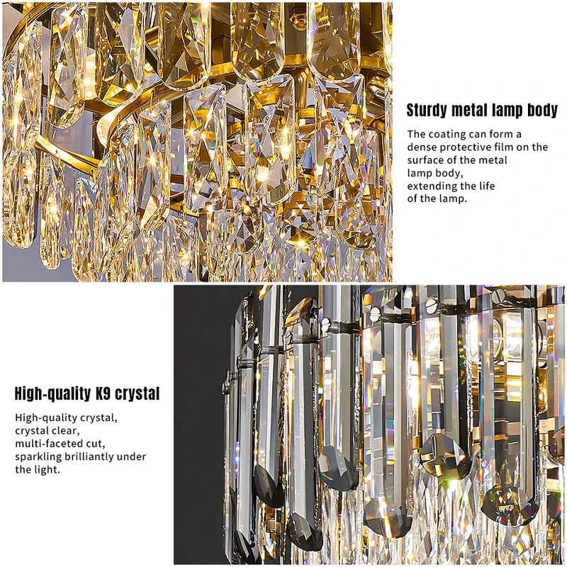Smoked Gold Crystal Chandelier - Adjustable Round K9 Crystal Modern Lighting for Dining Living Bedroom Entryway