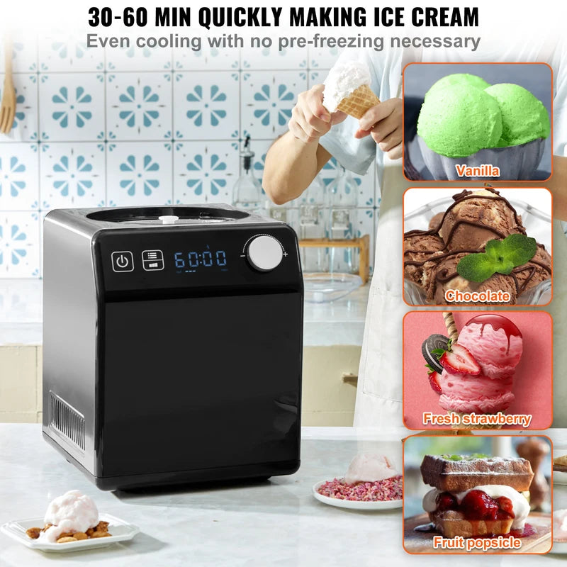 Upright Automatic Ice Cream Maker 2 Quart with Built-in Compressor No Pre-freezing