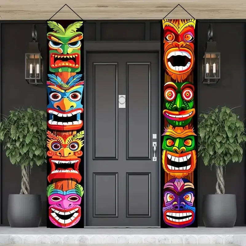 2-Piece Hawaiian Tiki Door Flag Set with Aloha Tropical Logo for Party and Decor