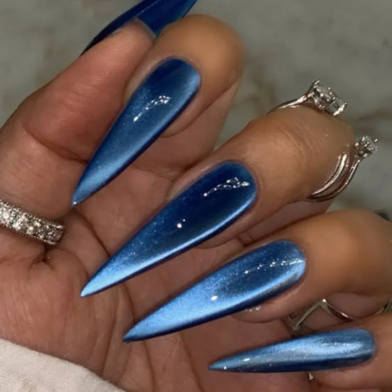 24Pcs Solid Color False Nail Set with Cats Eye Design, Long Stiletto Press-On Tips