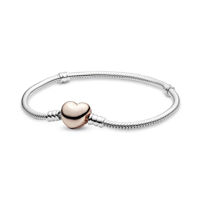 Silver Heart-Shaped Charm Snake Bone Bracelet for Women Jewelry Gift