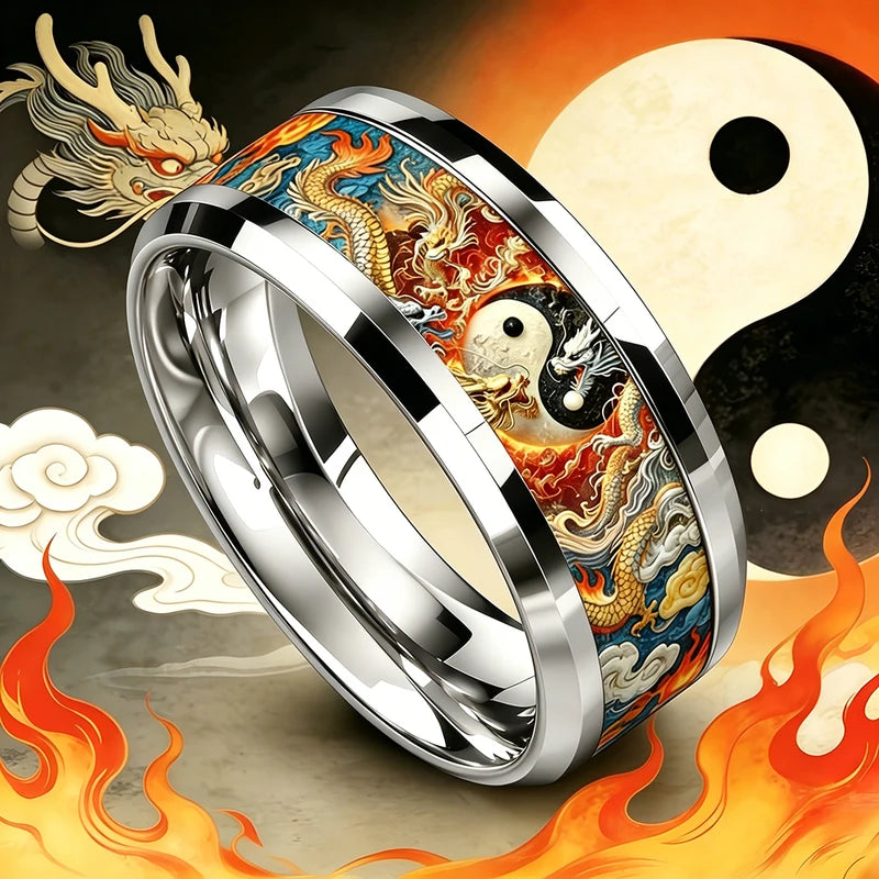 Men's Stainless Steel Yin Yang Dragon Pattern Ring - Wedding Party Jewelry