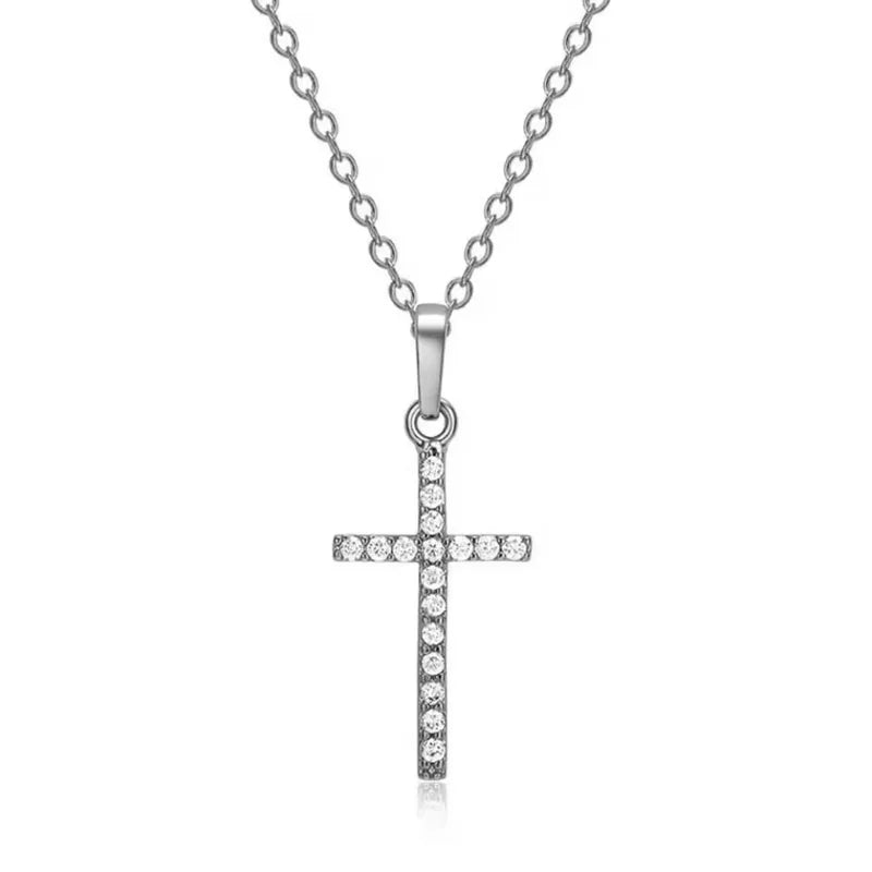 Long Chain Rhinestone Cross Necklace for Women & Men - Silver or Gold