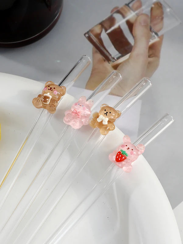 Cartoon Rabbit & Bear Glass Drinking Straws, Reusable Bendable Drinkware for Smoothies & Cocktails
