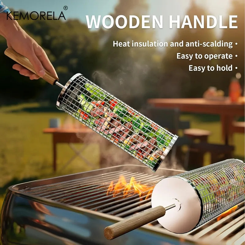 Round BBQ Grill Basket Set - Stainless Steel Outdoor Cooking Cage for Camping & Grilling