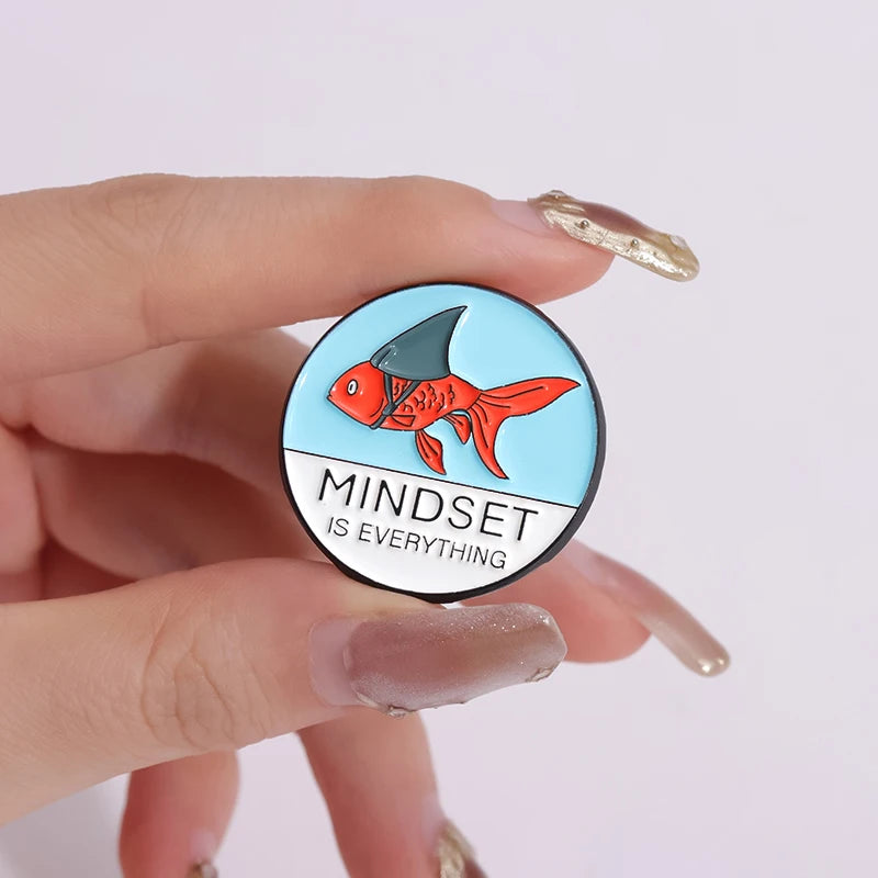 Set of 2 Positive Quote Enamel Pins - Fish & Shark Gold-Tone Brooches for Kids & Friends