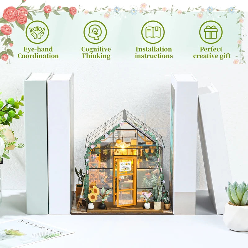 Miniature Garden House Kit with Furniture, LED Light and Wooden Greenhouse Model
