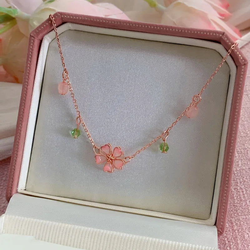 Romantic Cherry Blossom Flower Necklace for Women with Crystal Butterfly and Pearl Pendant – Party Jewelry
