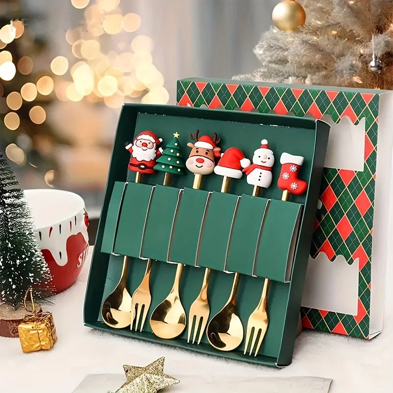 Christmas Stainless Steel Fork and Spoon Set with Santa Design - 2/4/6 Pcs Holiday Tableware