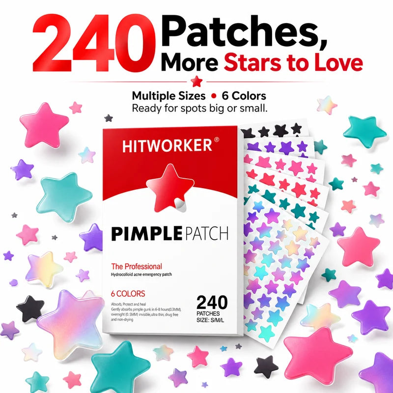 240PCS Star-Shaped Hydrocolloid Acne Patches Set - Face Spot Cover Stickers, Multiple Colors, S/M/L