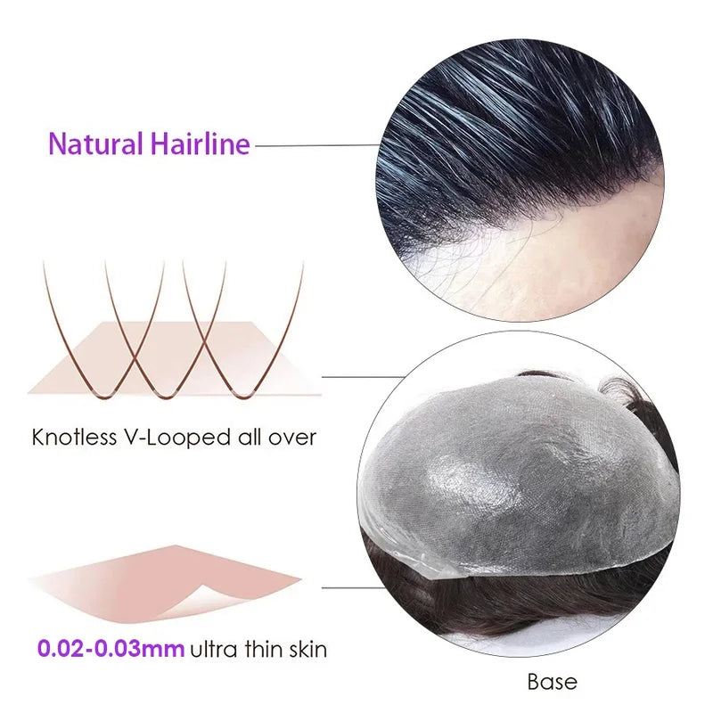 Men's Thin Skin V-Loop Toupee Hair System - Natural Human Hair Prosthesis