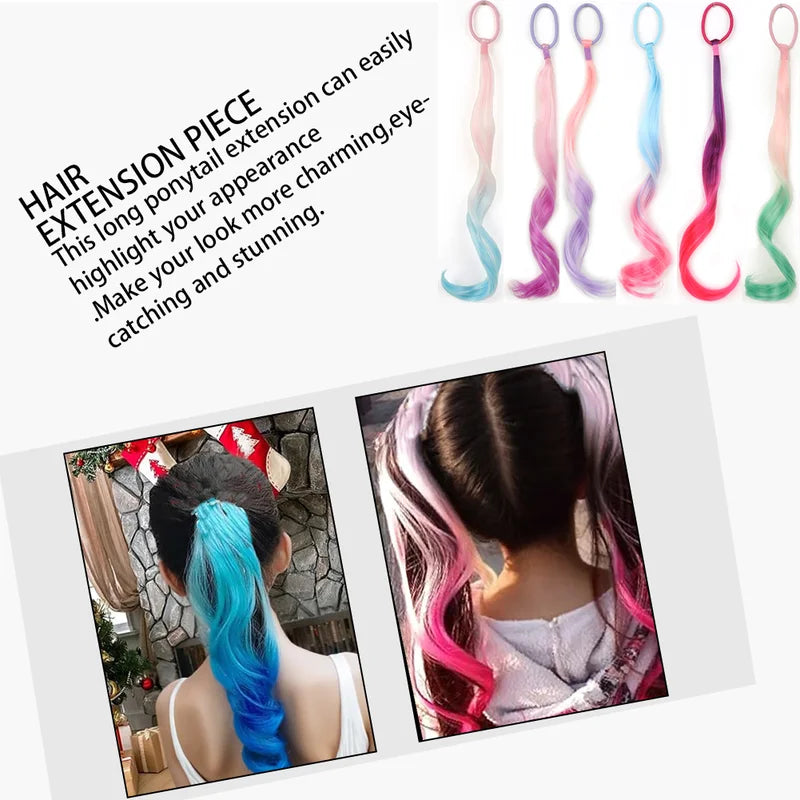 Lightweight 14-Inch Colored Synthetic Hair Extensions for Kids with Ponytail Elastic Tie