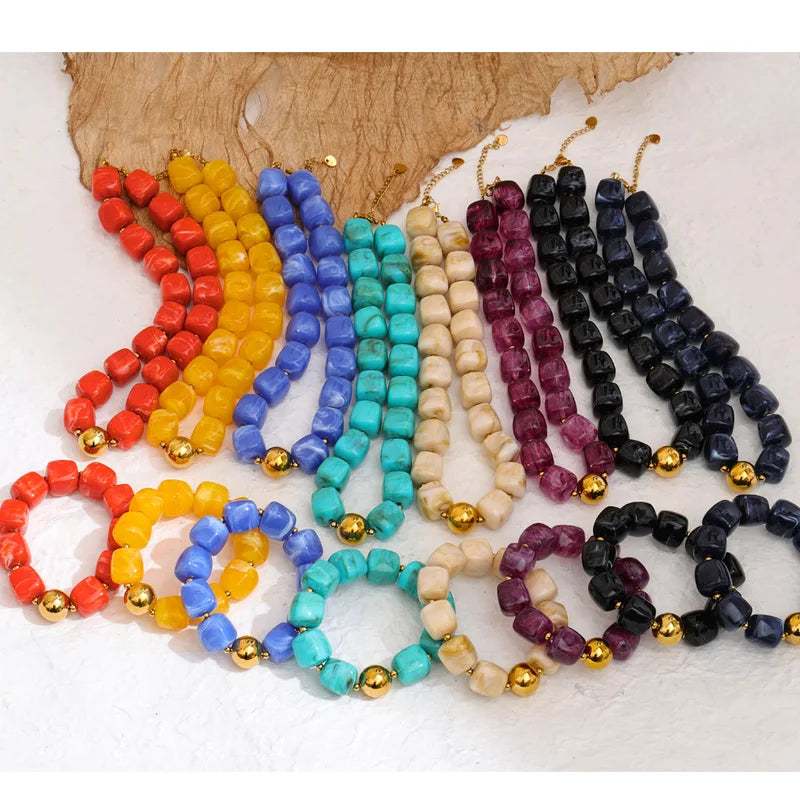 Summer Handmade Jewelry Chain Necklace & Bracelet Set with Acrylic Resin Beads