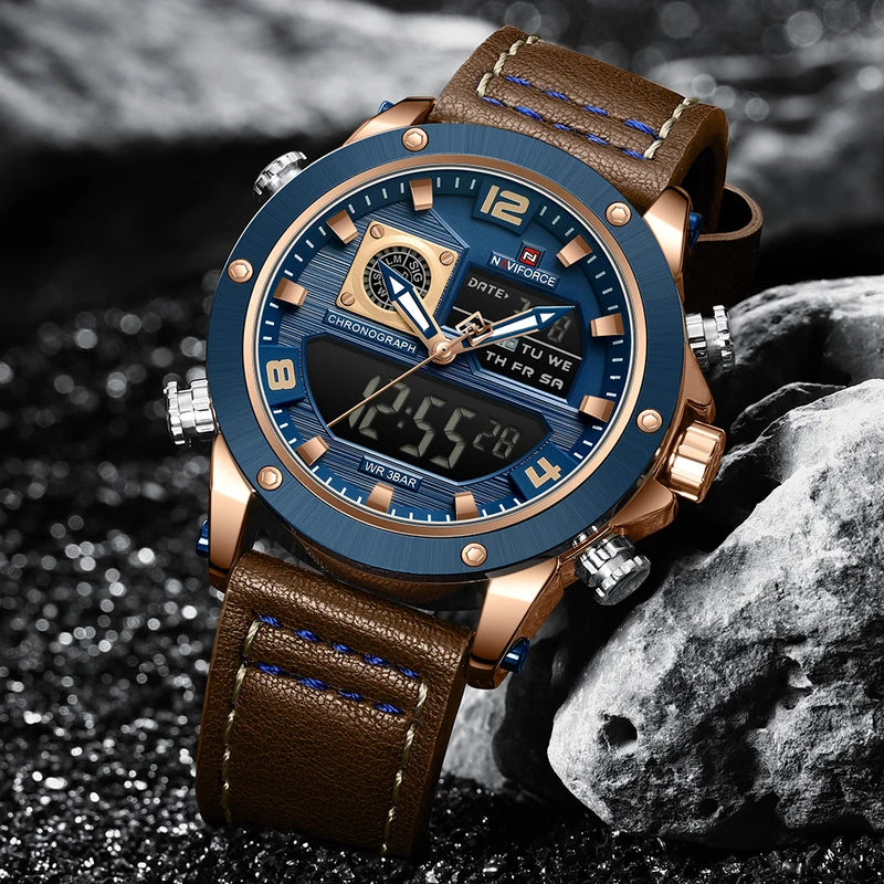 Men's Digital Leather Wrist Watch Dual Display Waterproof Quartz Sport Watch
