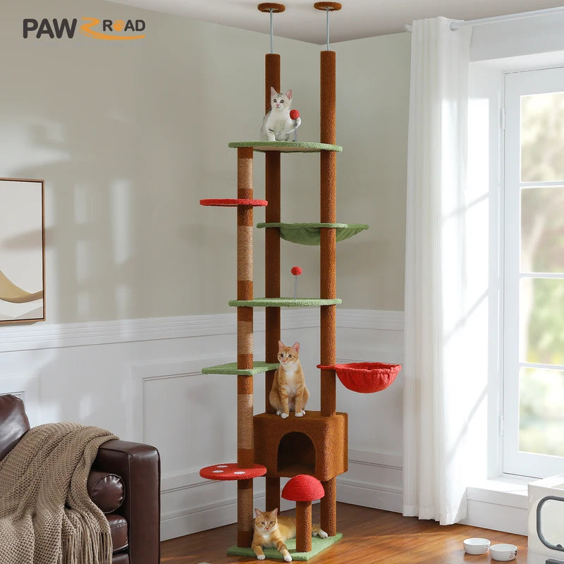 Adjustable Floor-to-Ceiling Cat Tree Tower with Condo Hammock & Scratching Post