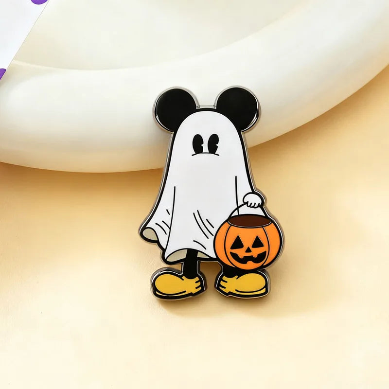Halloween Ghost Mouse Brooch with Jack-o'-Lantern Cartoon Pin Cute Anime Badge Accessory