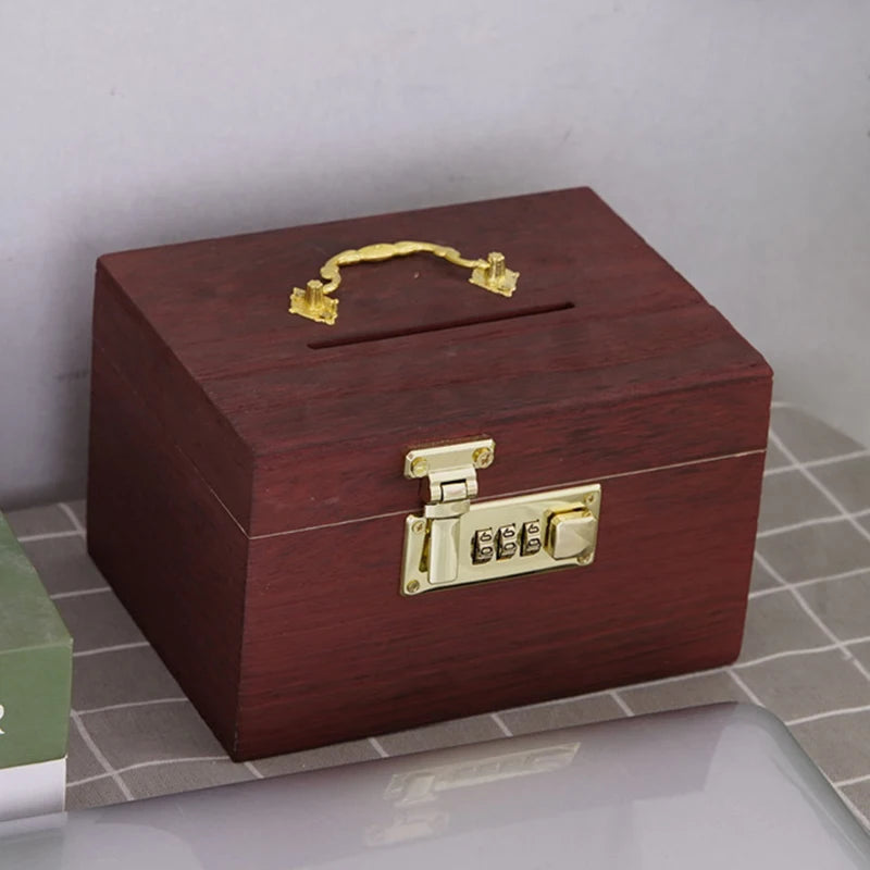 Vintage Wooden Coin Bank with Lock & Security Code - Treasure Money Box for Kids & Adults