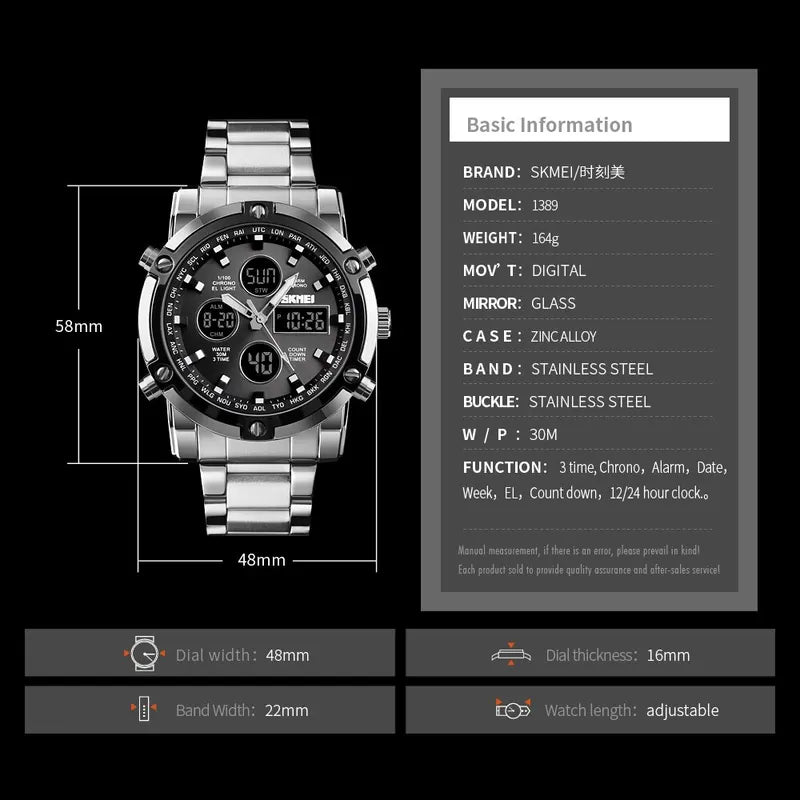 Men's Digital Sport Watch with Full Steel Strap and Countdown Timer
