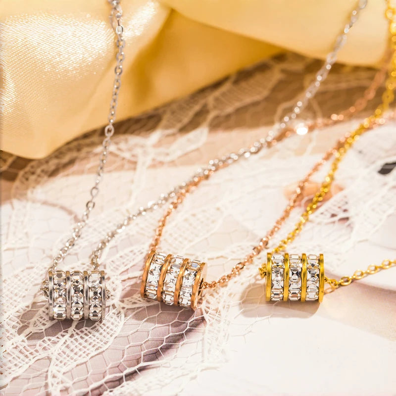 Stainless Steel Cylinder Pendant Necklace for Women with Zirconia Collar Jewelry Gift