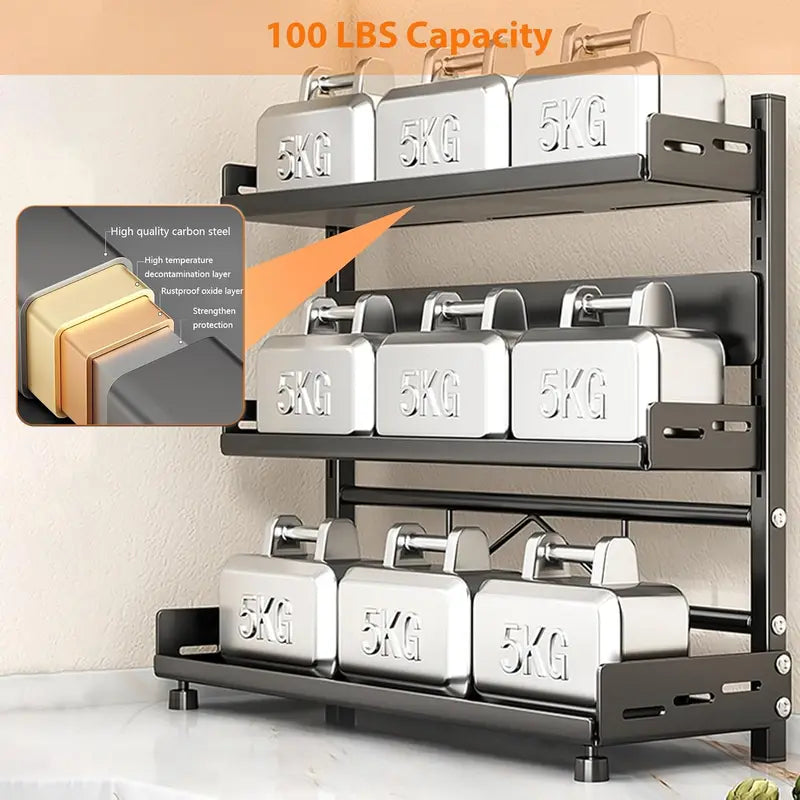 3 Tier Adjustable Spice Storage Rack for Countertop Kitchen Organization - Metal Shelf Black