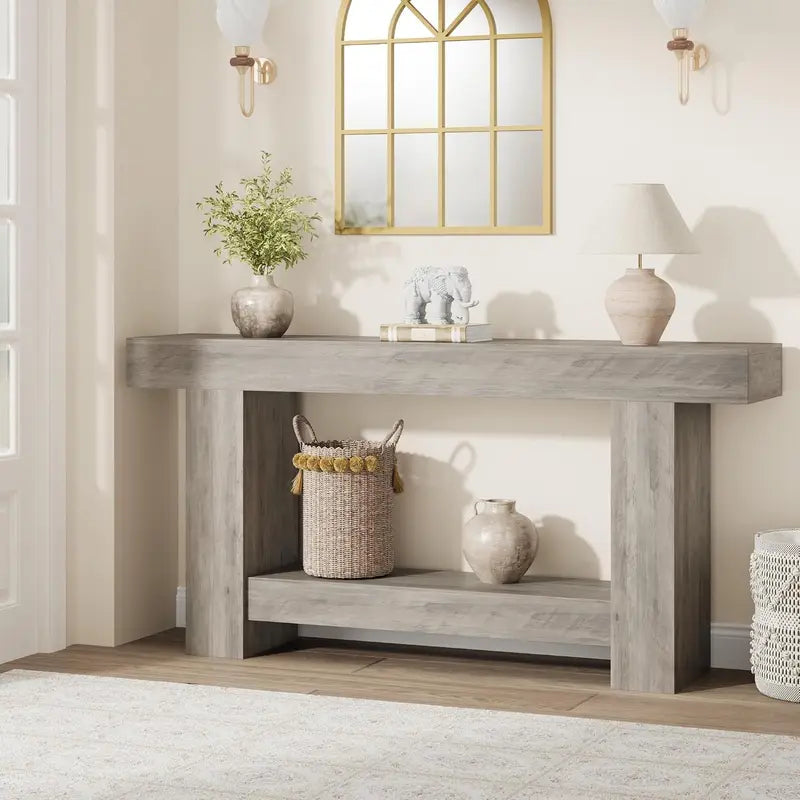 Farmhouse 63-Inch Console Table with H-Base, 2-Tier Entryway & Living Room Storage