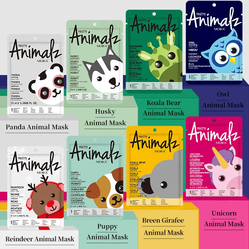 8pcs Animal Moisturizing Face Mask Set for Dry Skin & Hydration - Collagen & Hyaluronic Acid