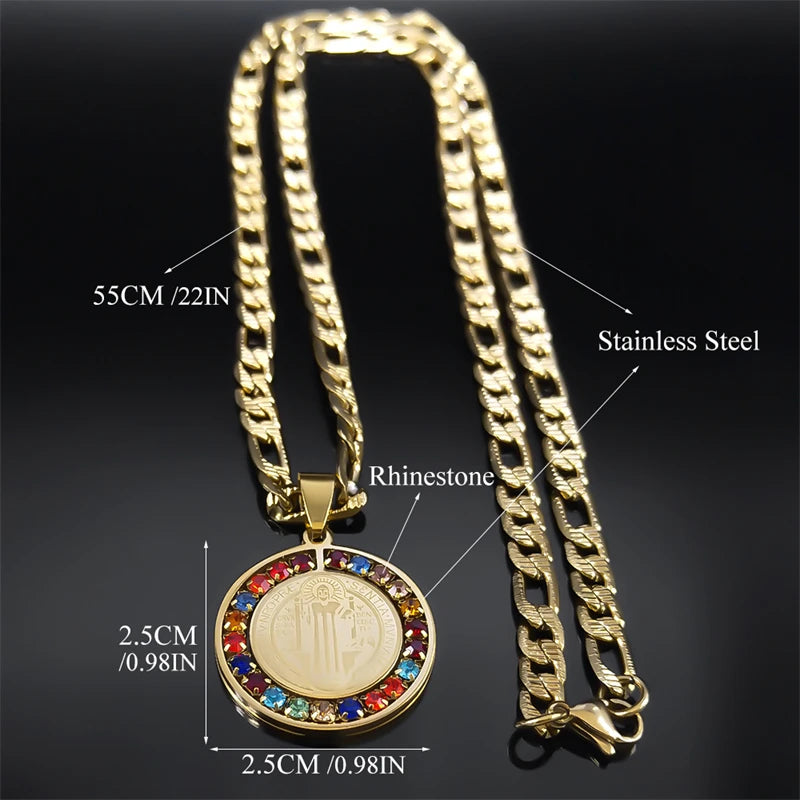 Colorful Crystal Saint Benedict Medal Necklace Women Men Stainless Steel Chain Jewelry