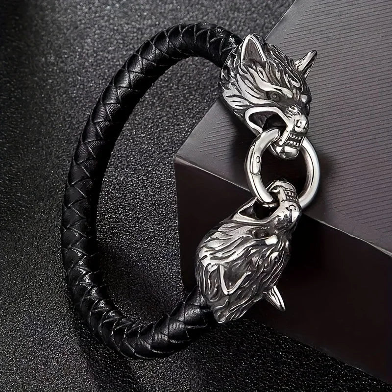Viking Wolf Head Leather Bracelet for Men - Handmade Stylish Personalized Jewelry