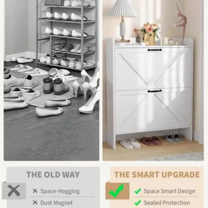 Slim 2-Tier Shoe Cabinet Organizer with Flip Drawers for Entryway and Closet