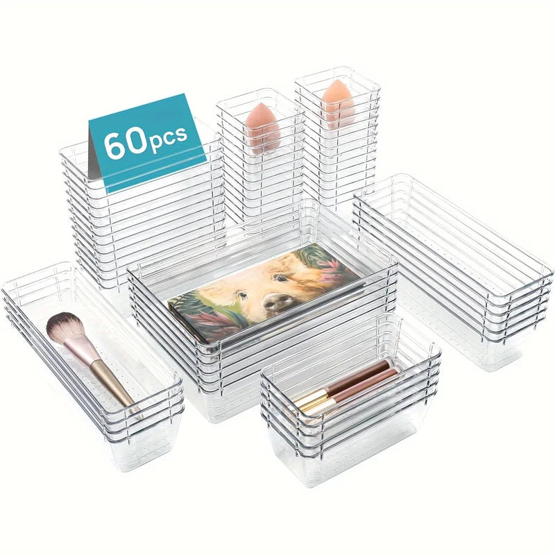 Clear Plastic Drawer Organizers Set - Multi-Purpose Storage Containers for Bathroom, Makeup, Kitchen, and Office