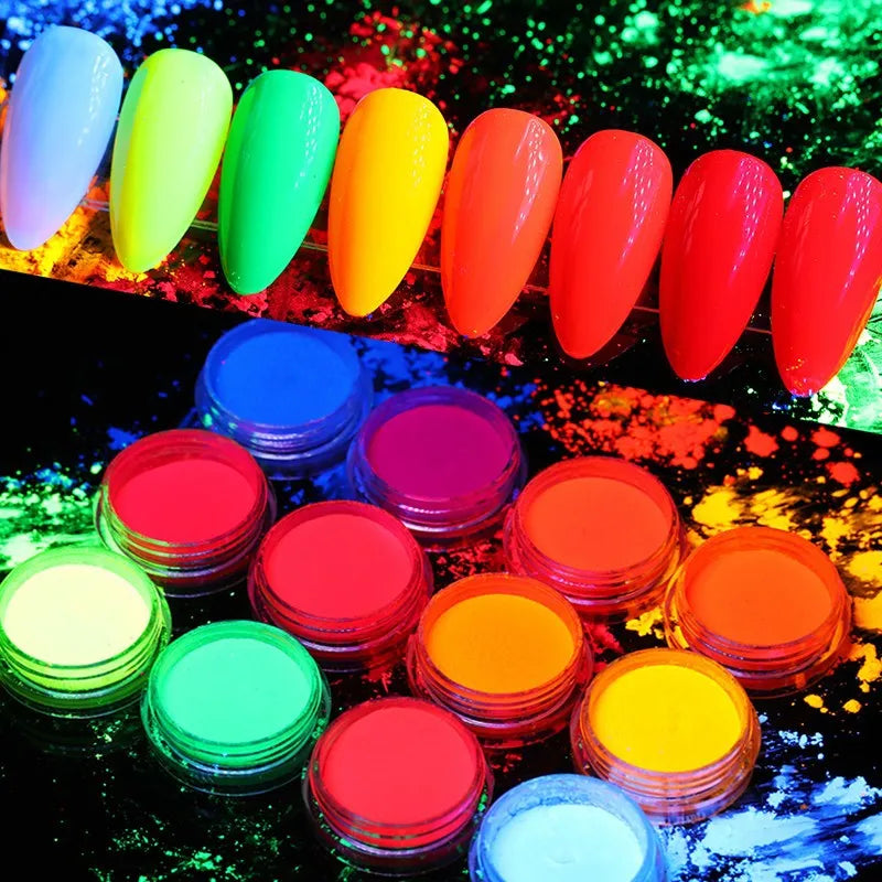 12-Color Neon Pigment Powder Set for Nail Art & DIY Manicure - Fluorescent Glitter Dust
