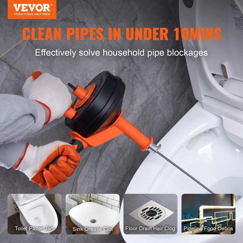 25Ft Manual & Electric Drain Auger Snake for Toilet Sewer Pipe Blockages