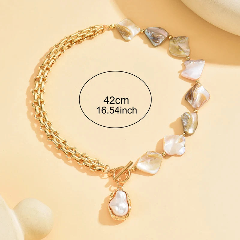 Boho Pearl Choker Necklace with Asymmetric Cuban Link Chain - Summer Beach Jewelry