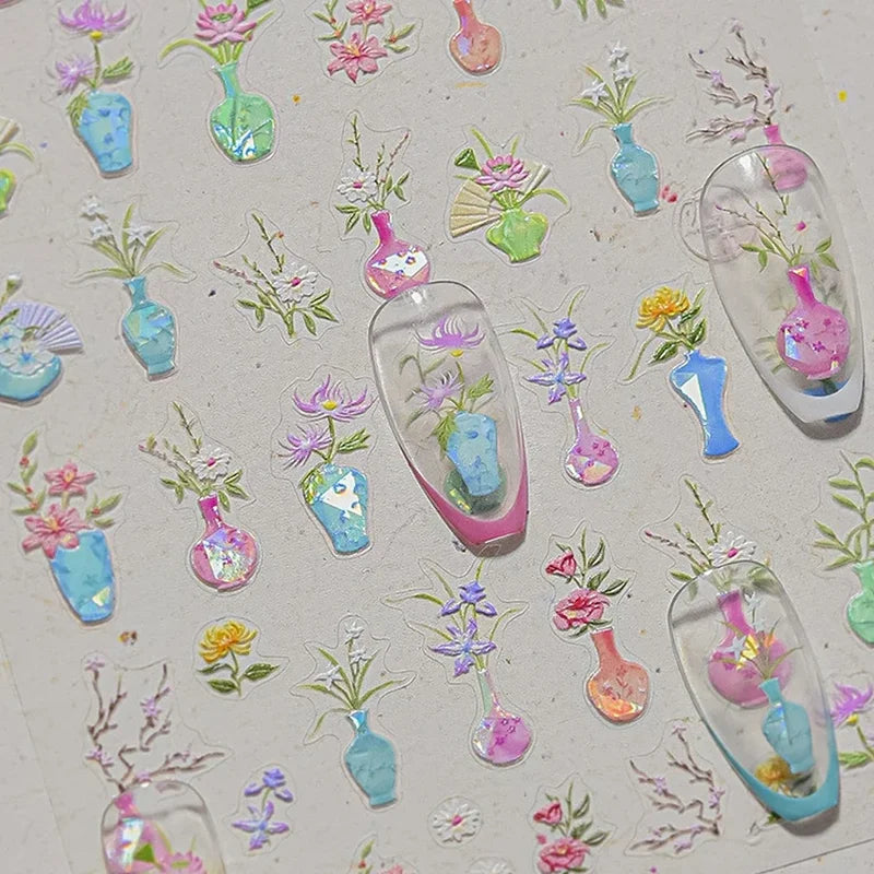 Self-Adhesive 5D Nail Art Stickers with Lace Bowknot Flowers and Pearls