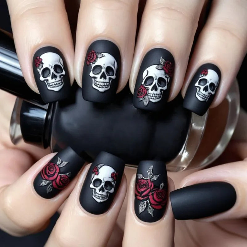 Halloween False Nails Set - Gothic Punk Coffin Shape with Rose Bat Ghost Print