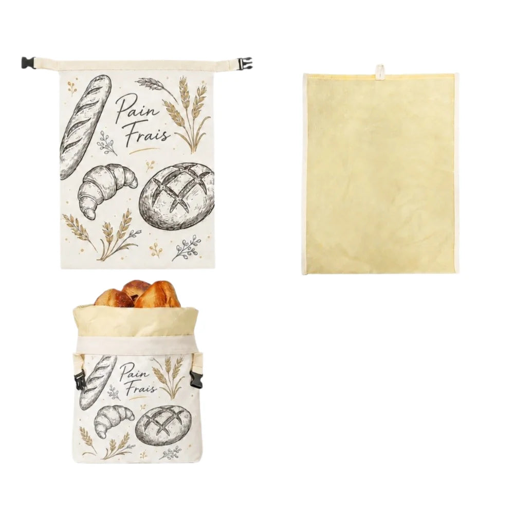 Breathable Cotton Beeswax Bread Bag with Lock Closure 43x33cm - Removable Inner Bag
